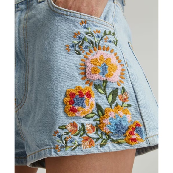 FARM Rio Pants - FARM RIO Summer Garden Embroidered Denim Shorts